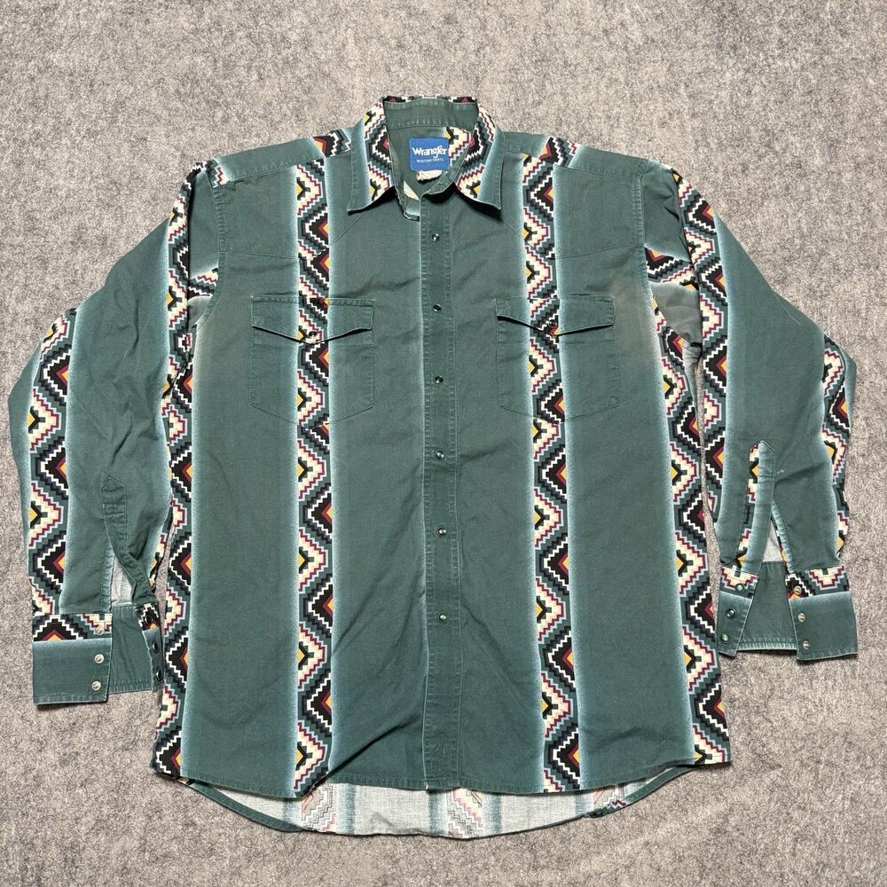 Vintage 90s Wrangler Brushpopper Western Pearl Snap Shirt XL Aztec Geometric